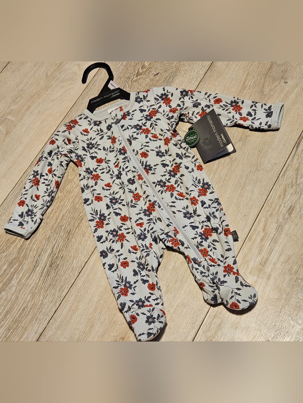 NWT Modern Moments by Gerber Newborn Floral Viscose Zip Sleep N Play Footie Grey